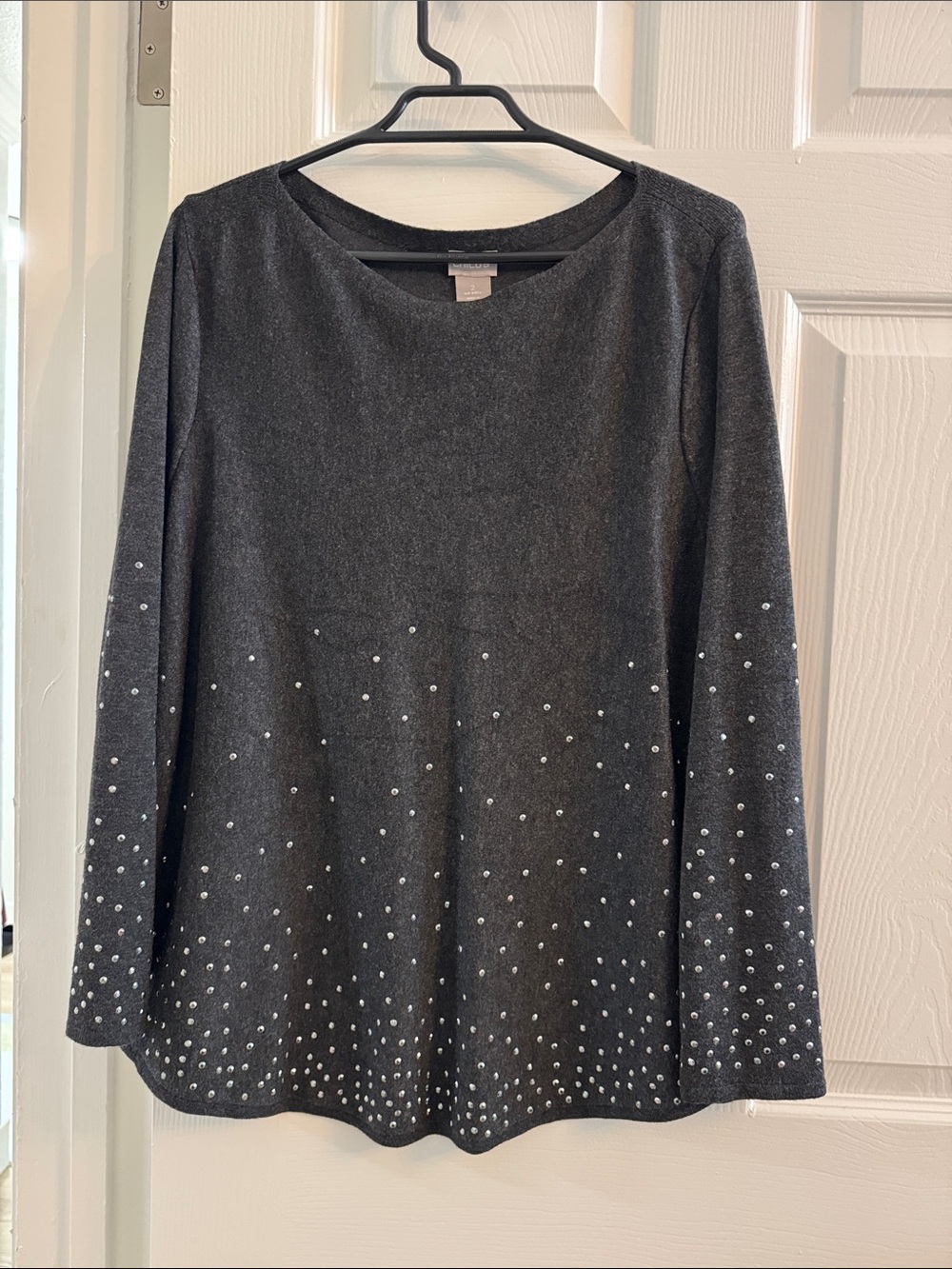 Chico's Charcoal Sparkle Rhinestone-Trim Long Sleeve Top